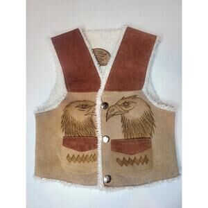 KIDS!! D. Flores Made In Mexico Leather Vest Sherpa Lined Western Cowboy Eagle